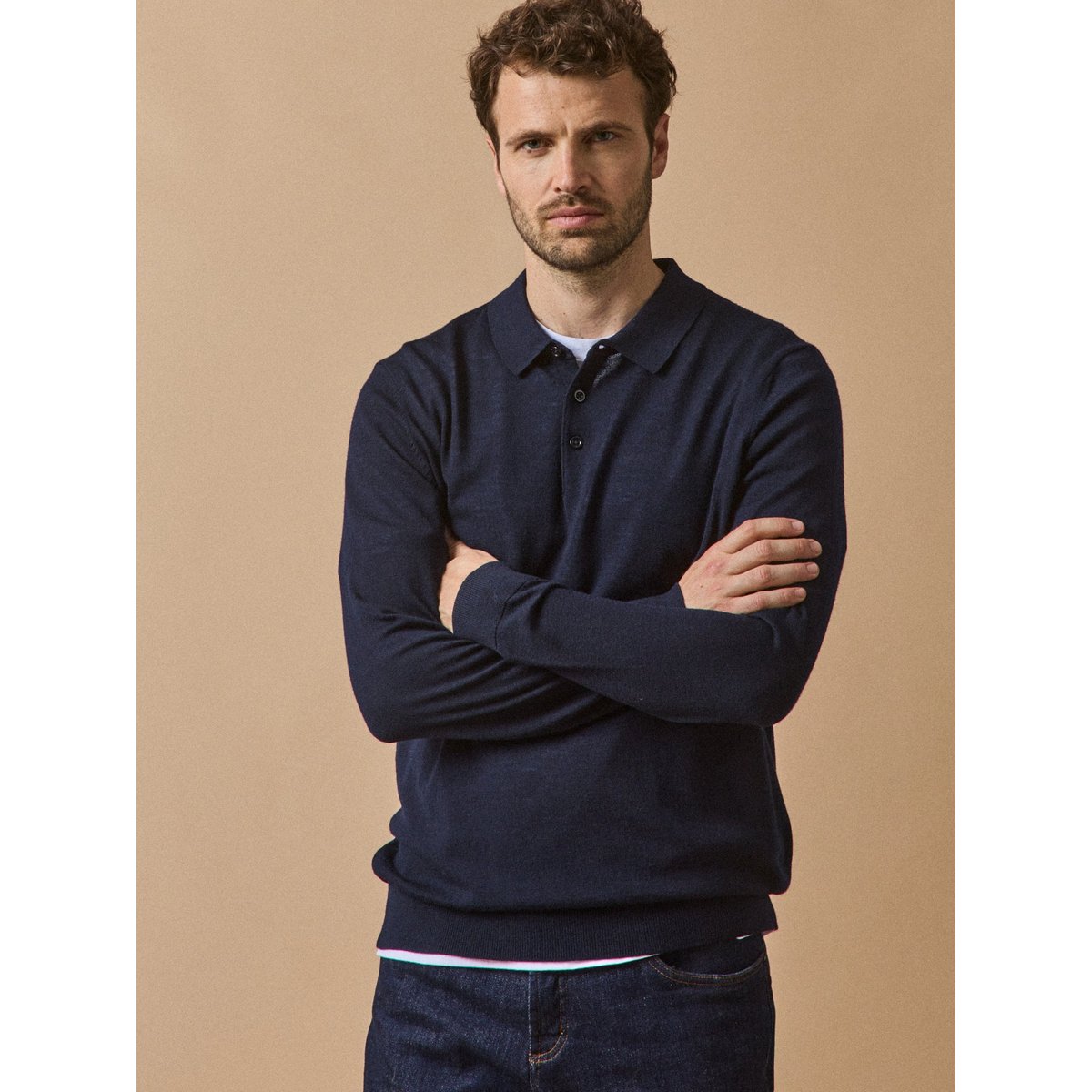 Pull fin col polo laine mérinos encre, CYRILLUS