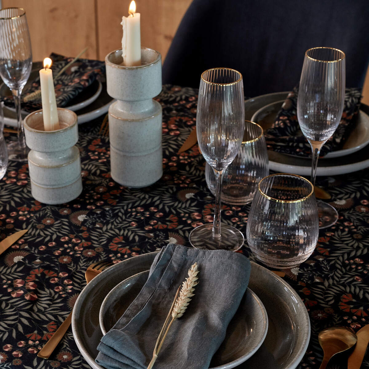 Nappe imprimée coton lavé Majari imprimé fond bleu, LA REDOUTE INTERIEURS