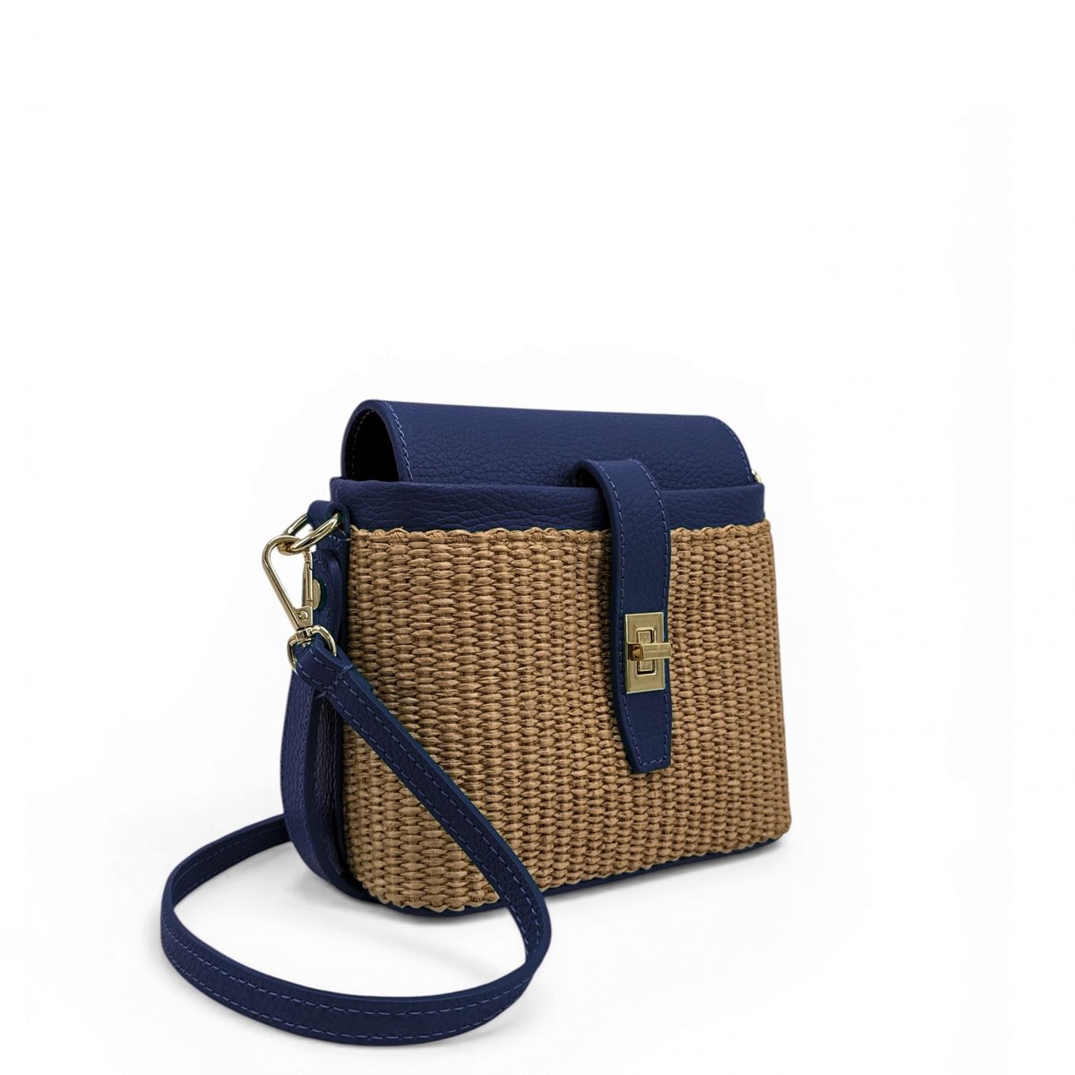 Mini-sac à main en cuir et raphia SIENNA bleu foncé, OH MY BAG