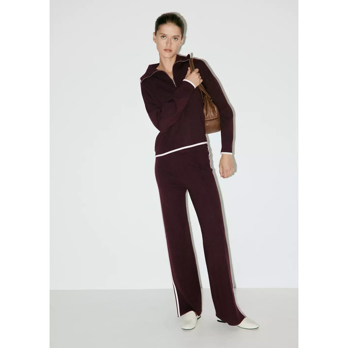 Pantalon maille rayure contrastante chocolat, MANGO