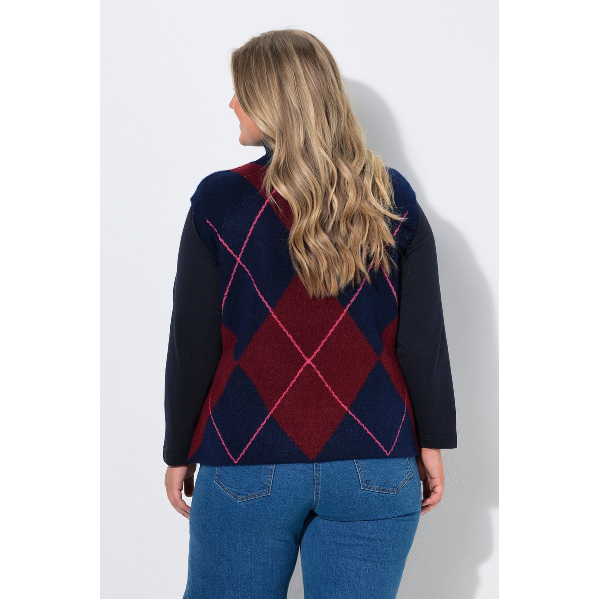Pull sans manches, motif losange et col rond bleu encre, ULLA POPKEN