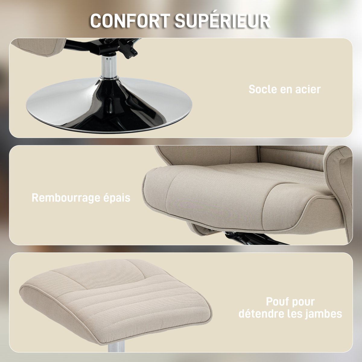 Fauteuil inclinable avec repose-pieds Tissu beige, HOMCOM