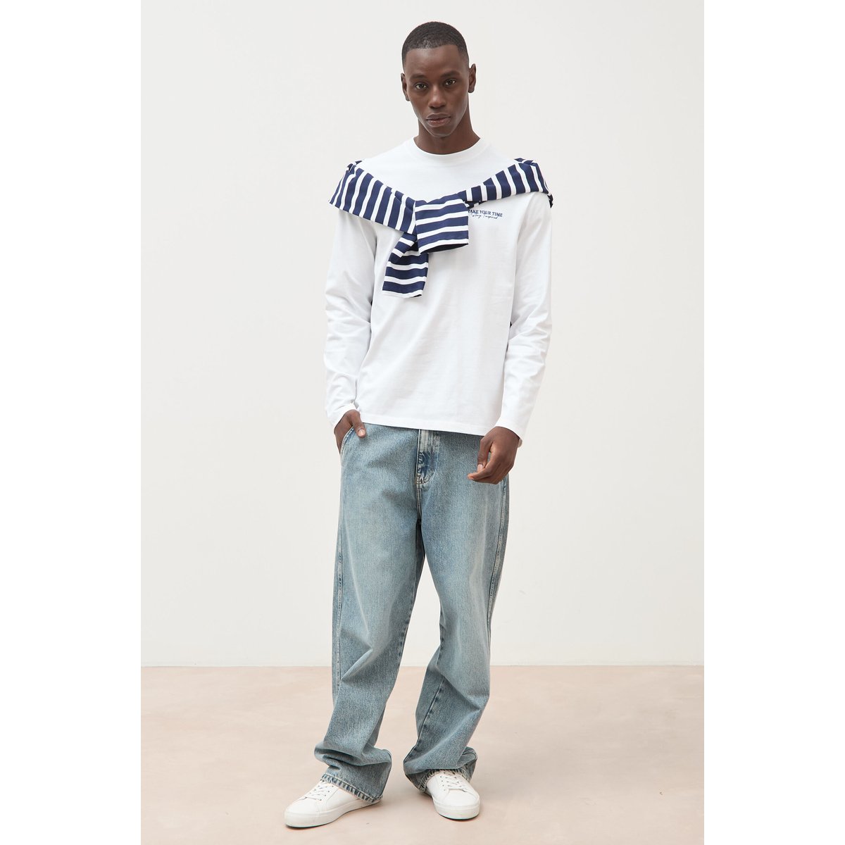 T-shirt droit en coton manches longues blanc, BONOBO