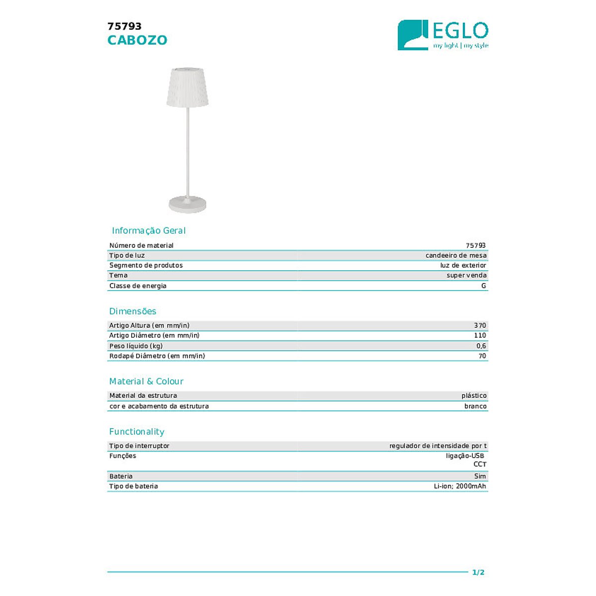 Candeeiro de mesa Cabozo, EGLO branco, EGLO