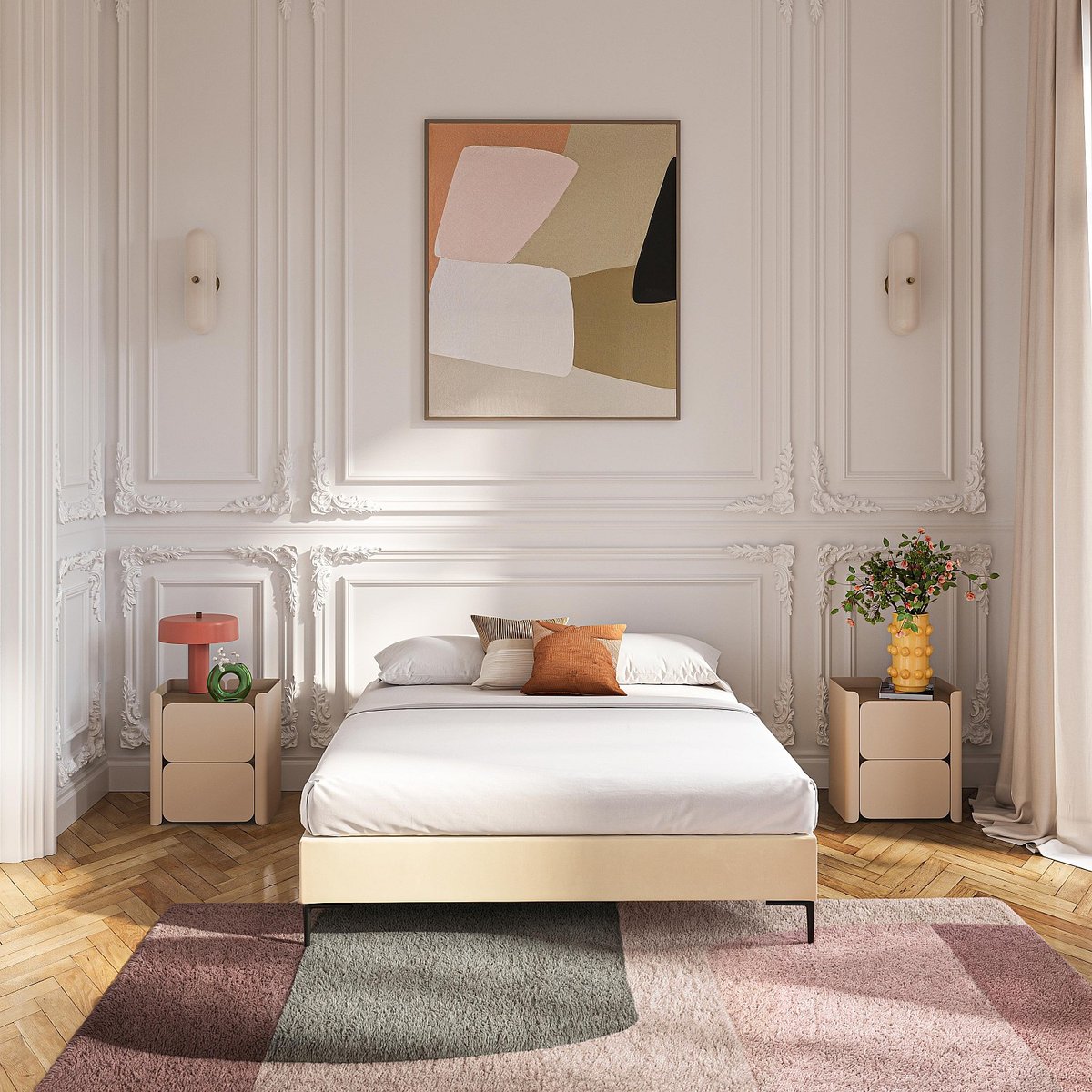Sommier tapissier tissu NOTA crème, HABITAT
