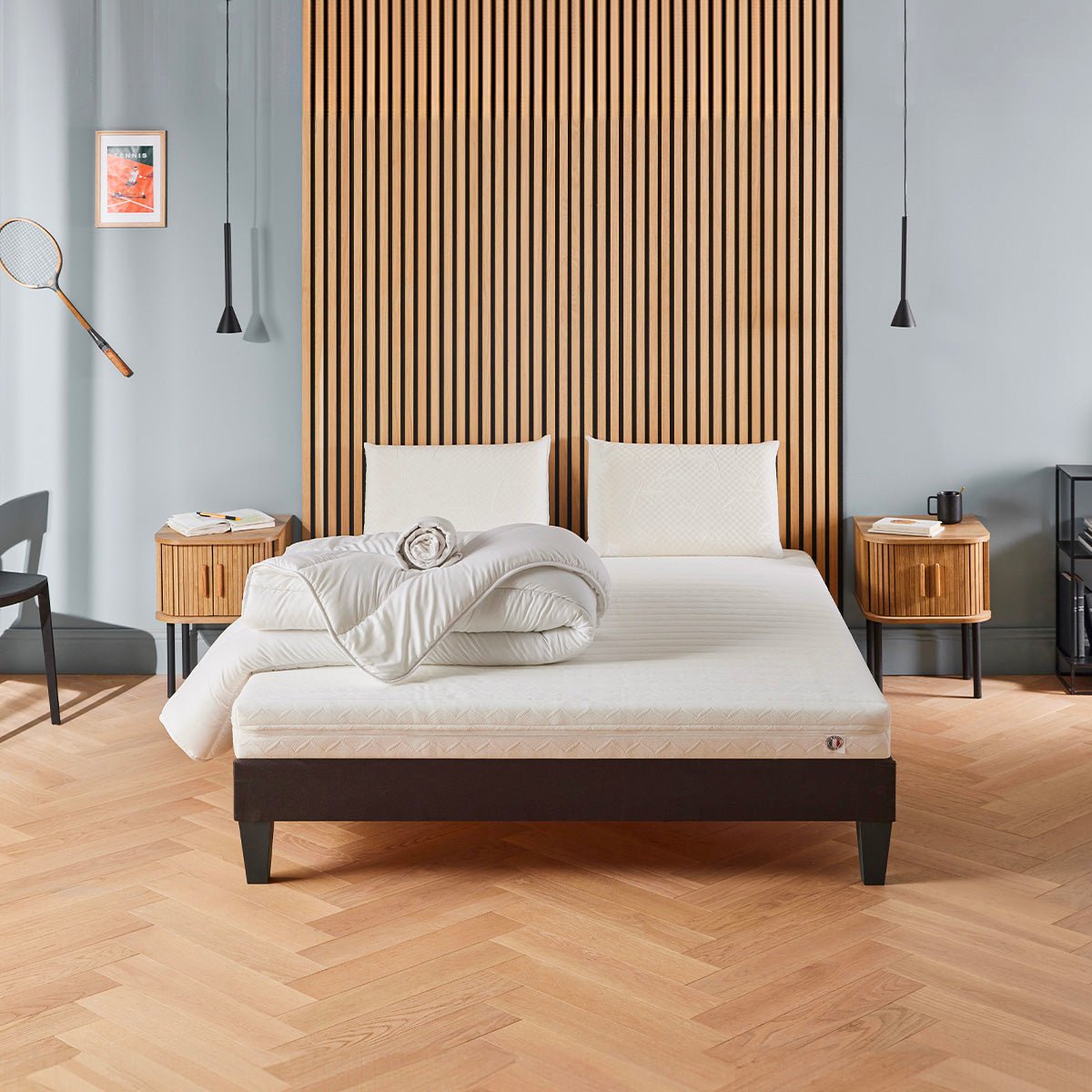 Pack Egio 180x200 cm Matelas Mousse + Sommier Bois + Accessoires blanc, OLYMPE LITERIE