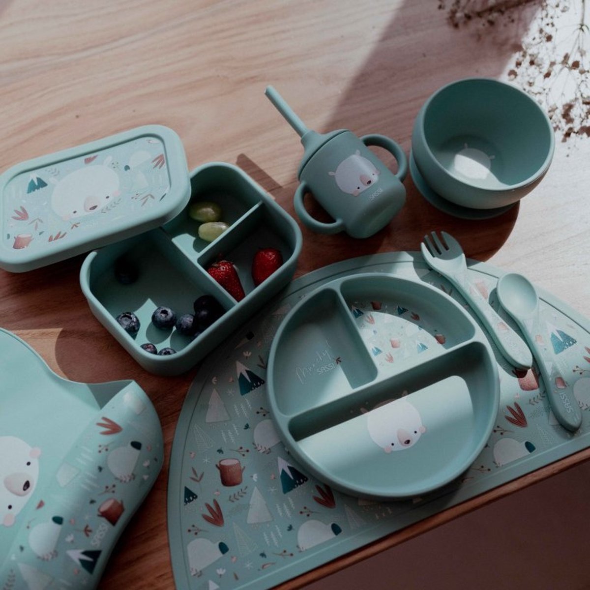 Set fourchette et cuillère en silicone ANIMAUX menthe, SASSI