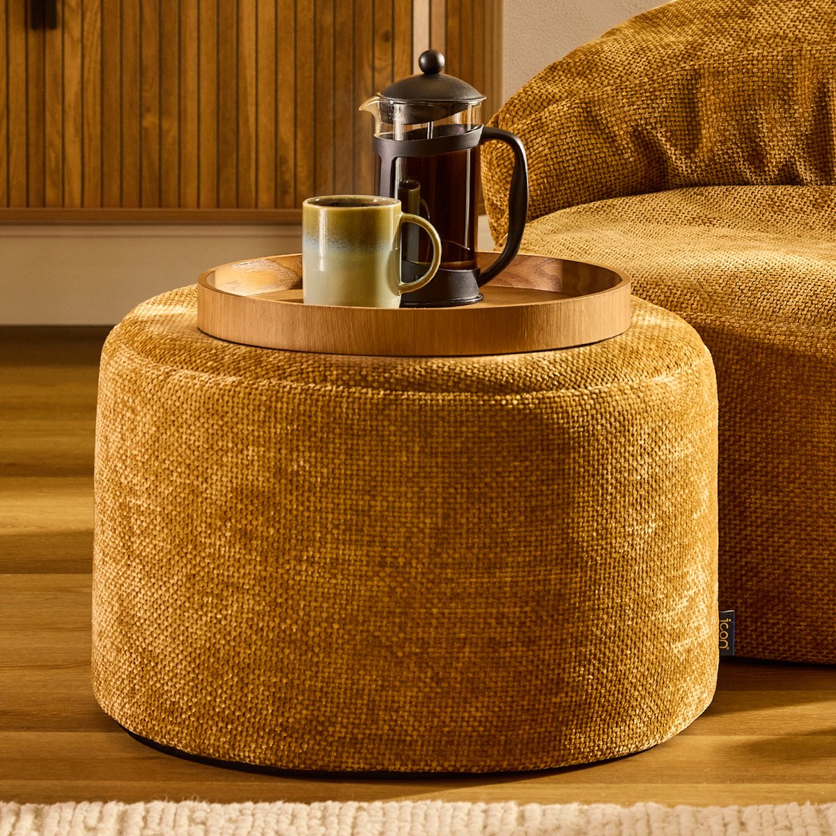 Pouf repose-pieds rond en tissu chenille Oeko-Tex® - MILANO moutarde, ICON