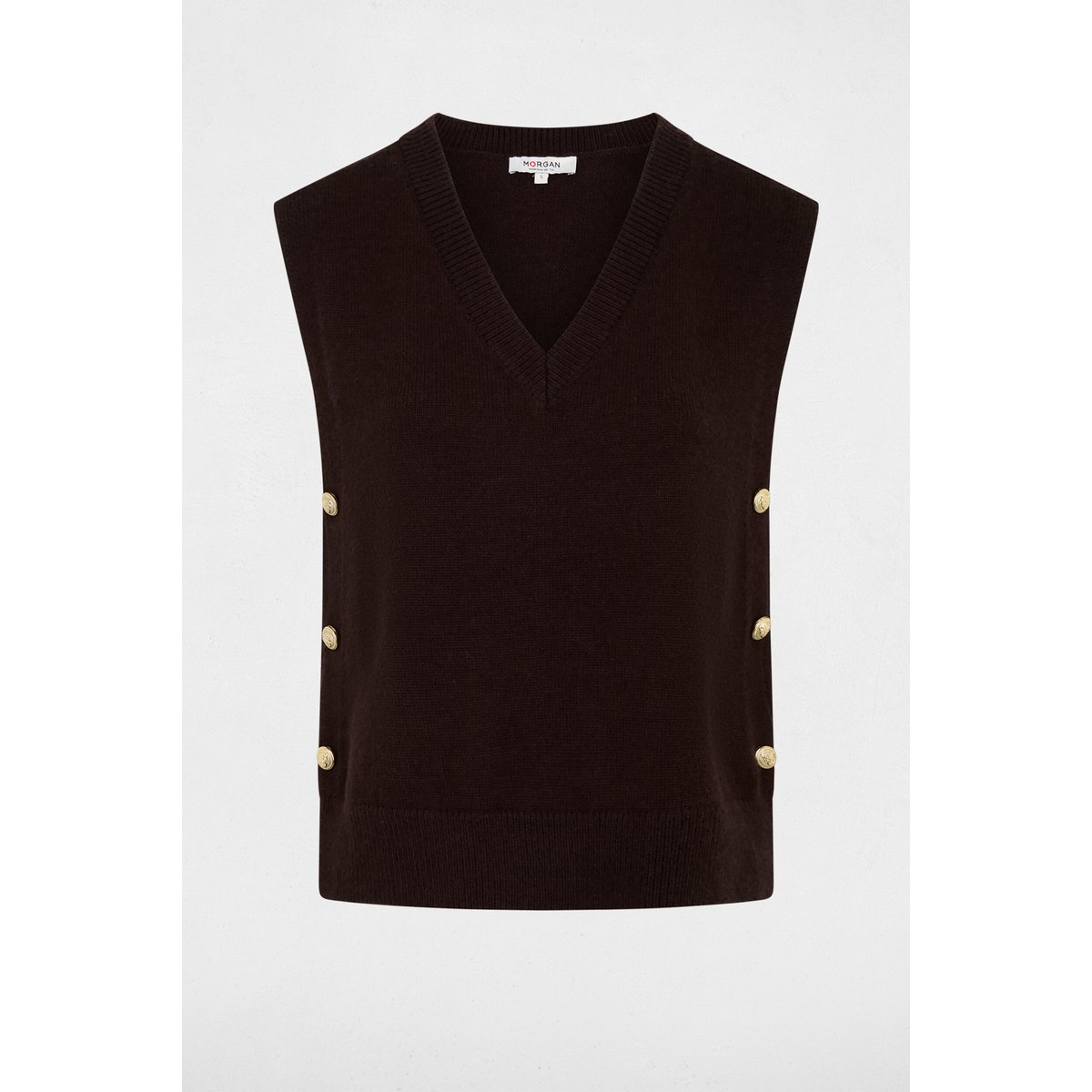 Pull sans manches col v marron foncé, MORGAN