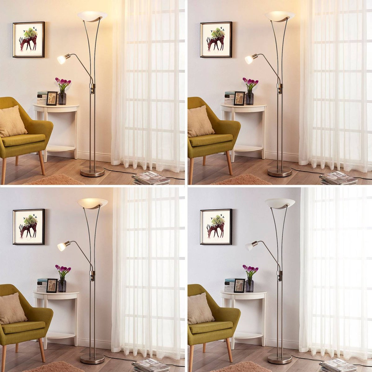 Lampadaire en métal moderne, Felicia nickel satiné, blanc albâtre, LINDBY
