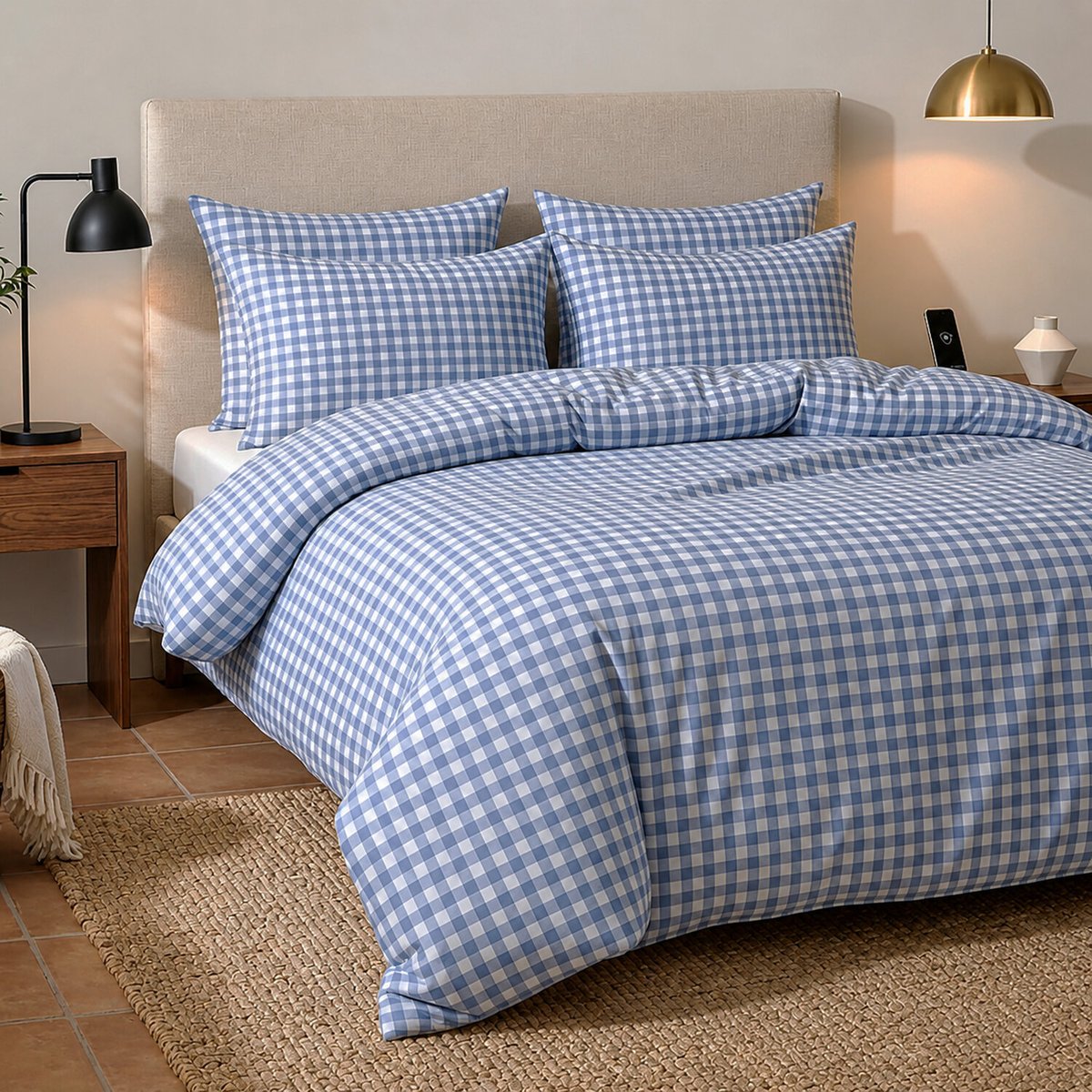 Parure housse de couette imprimée vichy bleu en coton, CELESTIN multicolore, ATELIER DU COTON