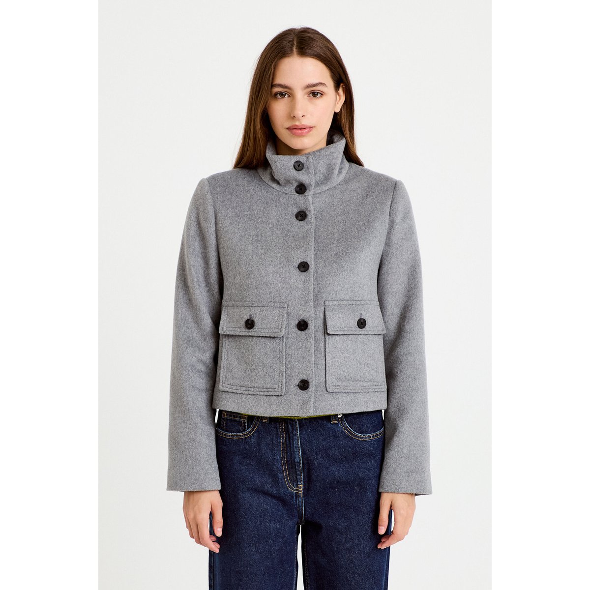 Veste courte aspect laineux gris, CACHE CACHE