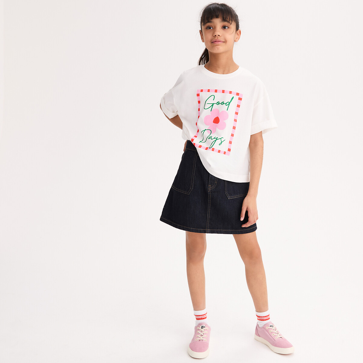 T-shirt met ronde hals, geprinte tekst en bloem 90003087, LA REDOUTE COLLECTIONS