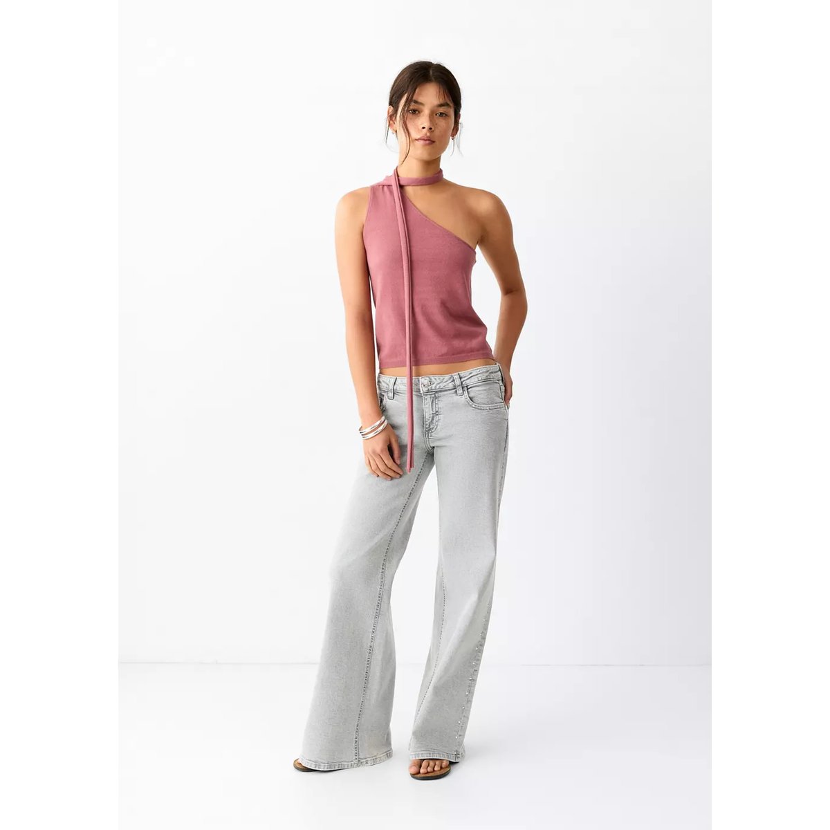 Jean wide leg détails et clous gris denim, MANGO TEEN