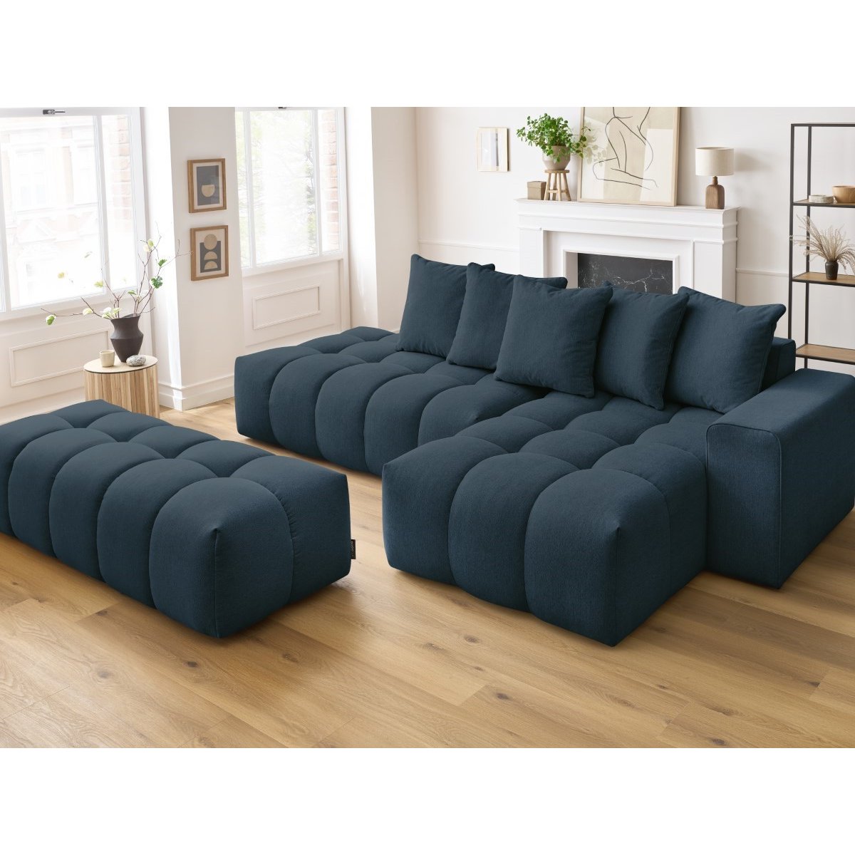 Canapé d'angle fixe 4 places en tissu chiné avec pouf, MONT-BLANC bleu foncé, BOBOCHIC