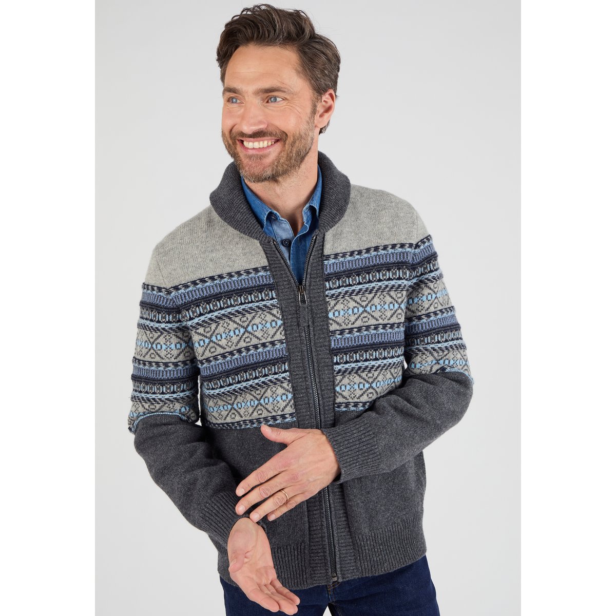 Gilet zippé mélange laine maille jacquard gris jacquard, DAMART