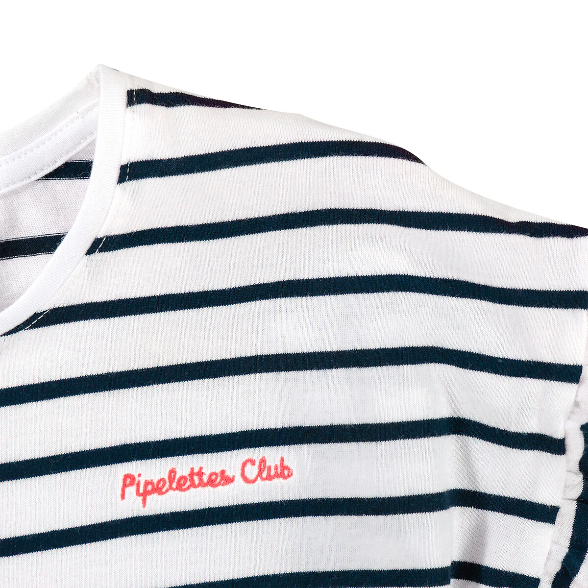 T-shirt a righe volant alle maniche, scritta ricamata rigato blu vivo/bianco, LA REDOUTE COLLECTIONS