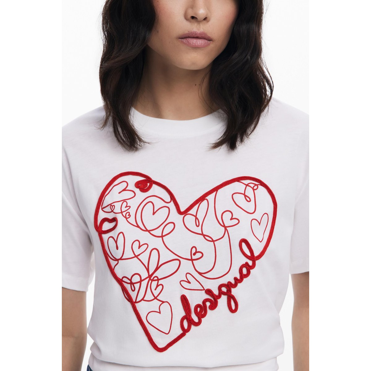 T-shirt à reliefs cœurs blanc, DESIGUAL