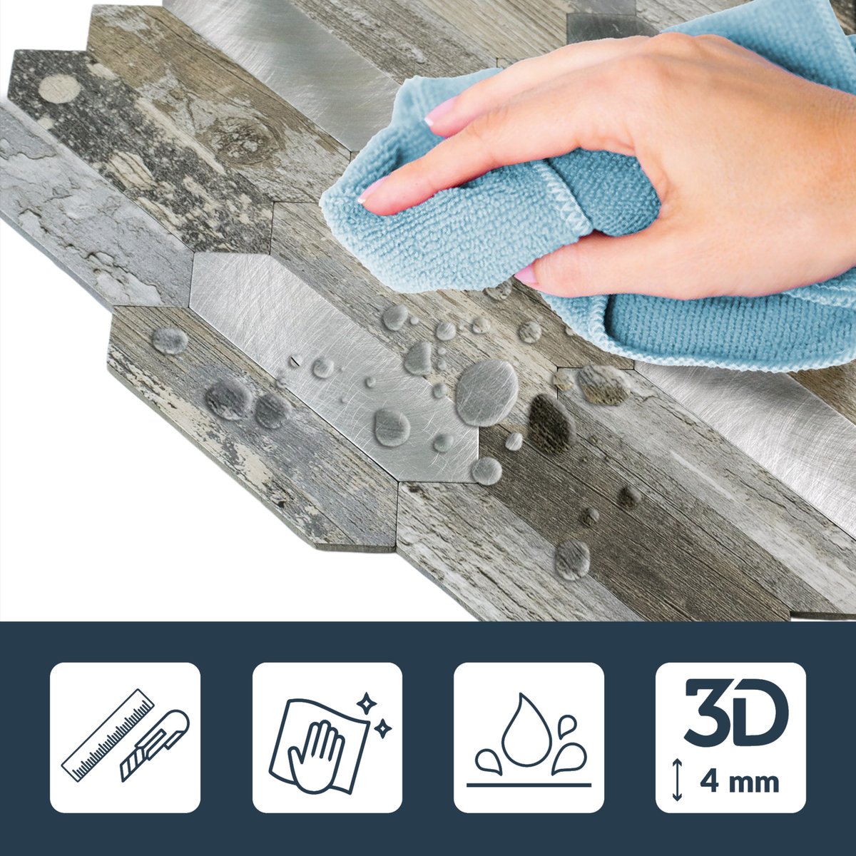 Crédence adhésive murale 3D - Effet bois et métal 4 pièces couleur unique, DOUCEUR D'INTÉRIEUR