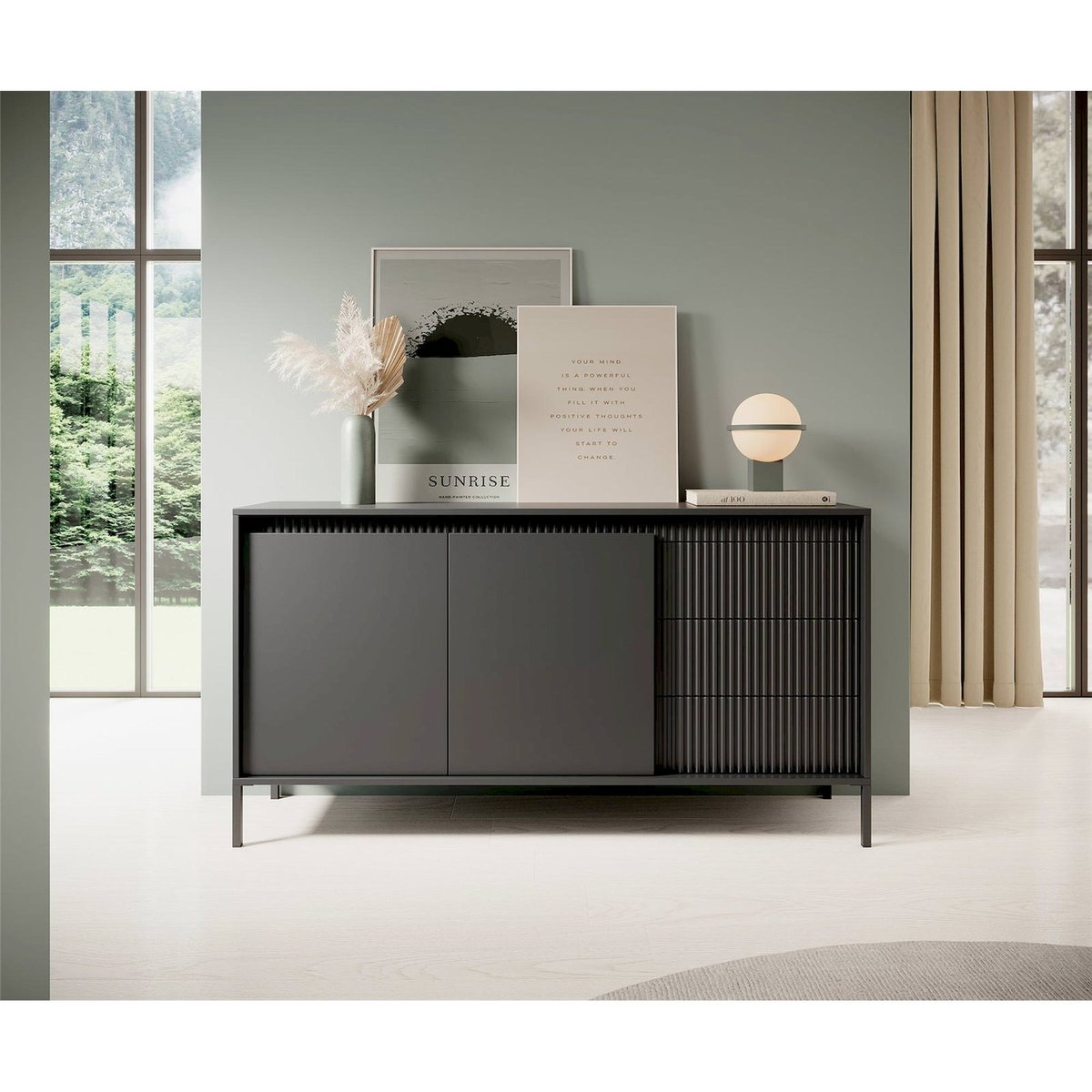 Buffet bois rainuré FALSETTO beige sable, RECOLLECTION