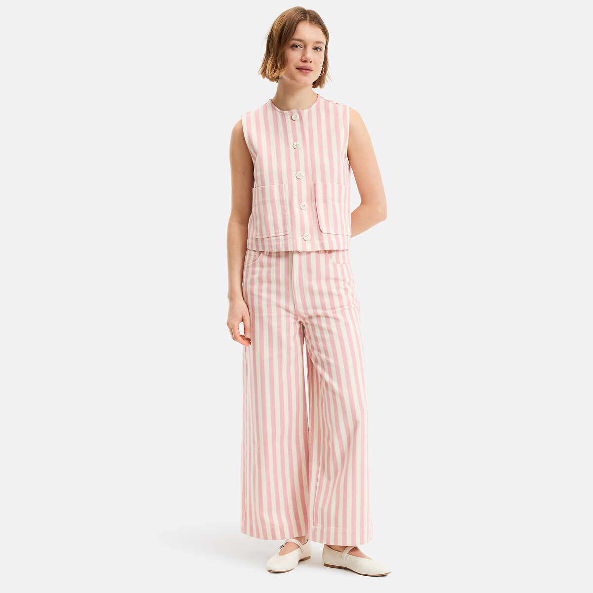 Striped Sleeveless Cardigan ivory/pink striped, LA REDOUTE COLLECTIONS