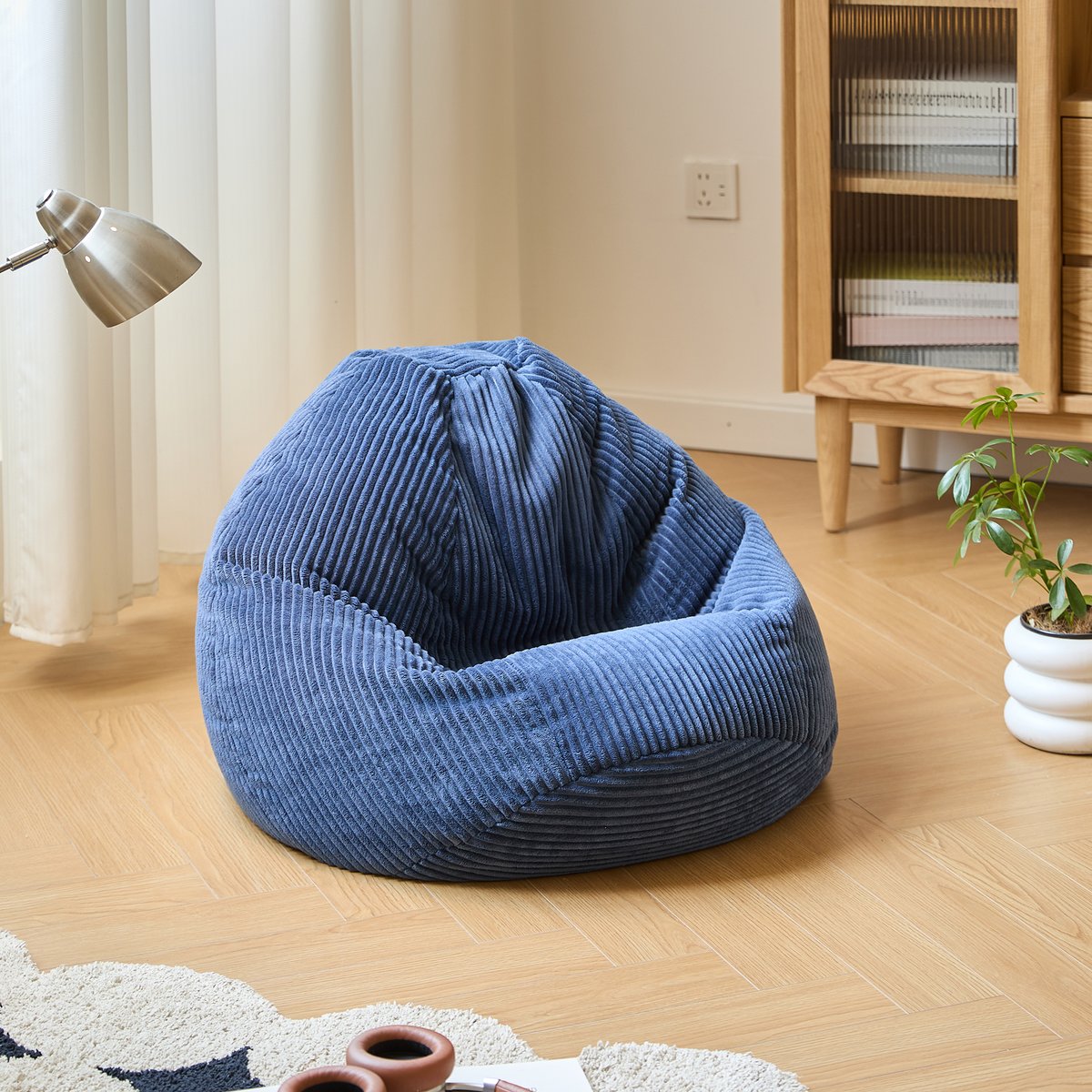 Pouf de salon, velours côtelé, FLOBY bleu, NORDLYS