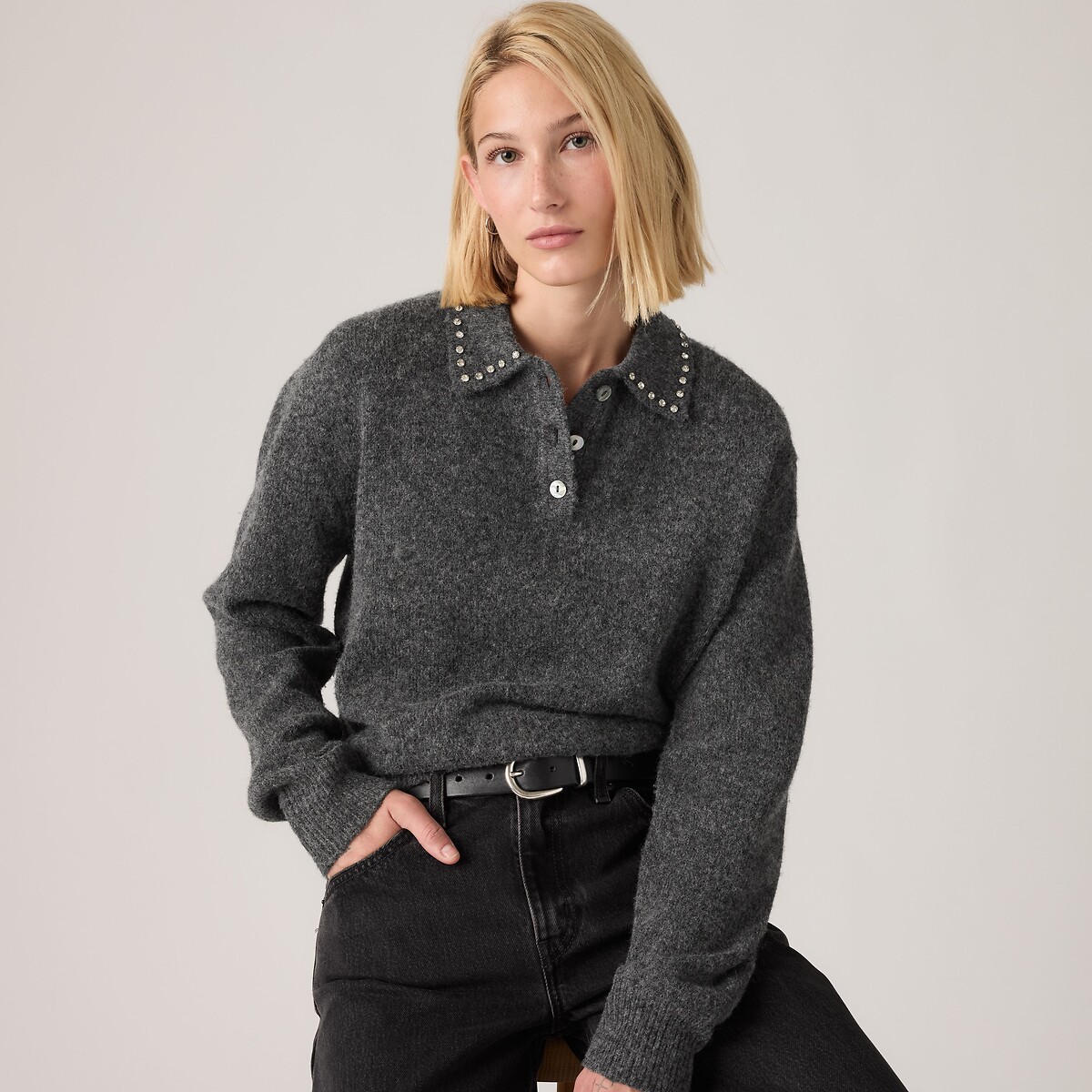 Pull col polo strass manches longues gris foncé, LEVI'S