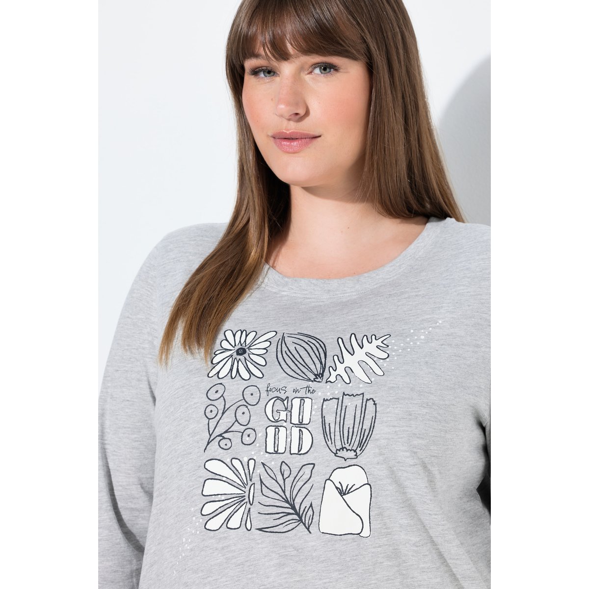 T-shirt en coton bio, motif feuilles gris clair chiné, ULLA POPKEN