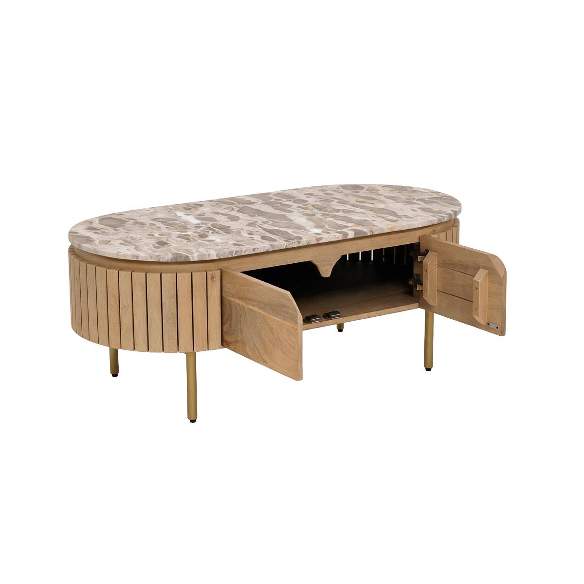 Table basse en marbre et bois de manguier CYRENE bois clair, MADE IN MEUBLES