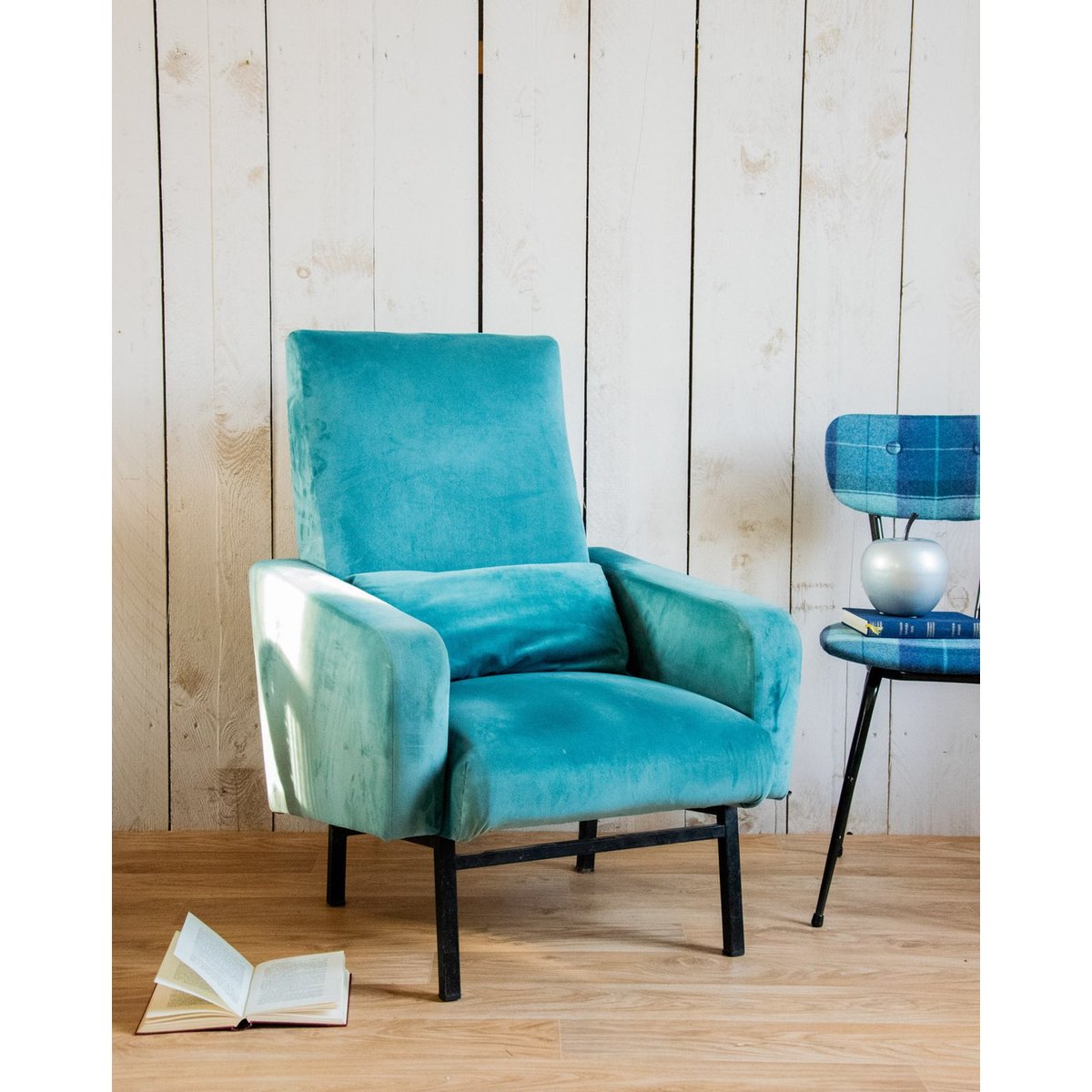 Fauteuil en velours Jakob N°737 - Bon état bleu, DEBONGOUT