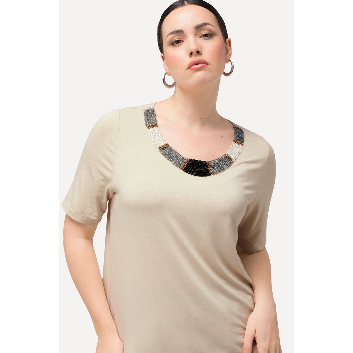T-shirt à col rond et manches courtes. gris beige, ULLA POPKEN