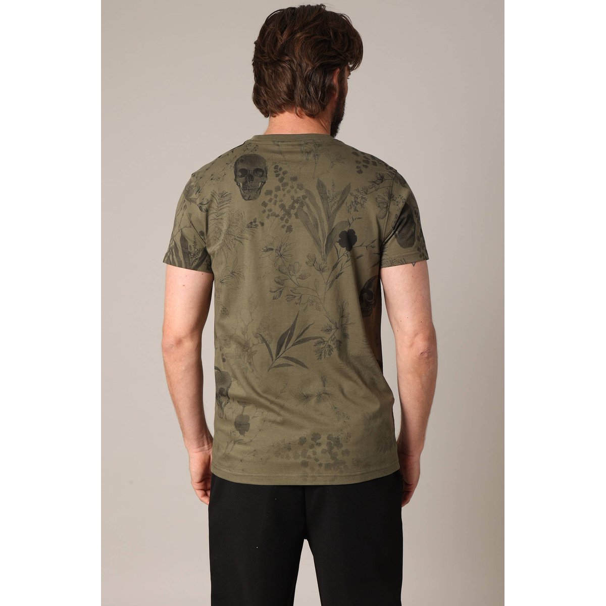 T-shirt 100% coton avec imprimé végétal et têtes de mort intégrées BOTANICAL dark khaki, DEELUXE
