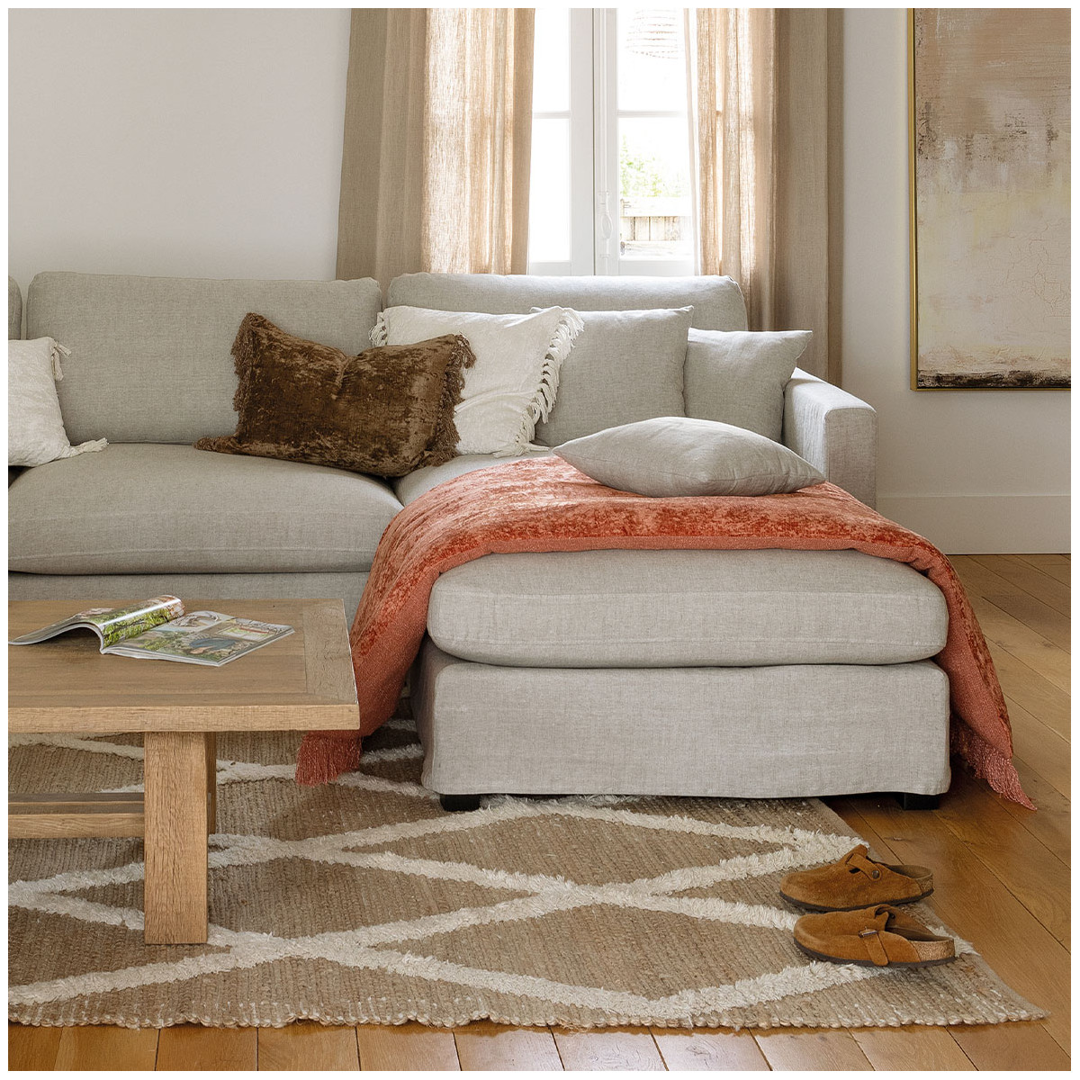 Futon PAULA en velours irisé orange brûlé, BLANC D’IVOIRE