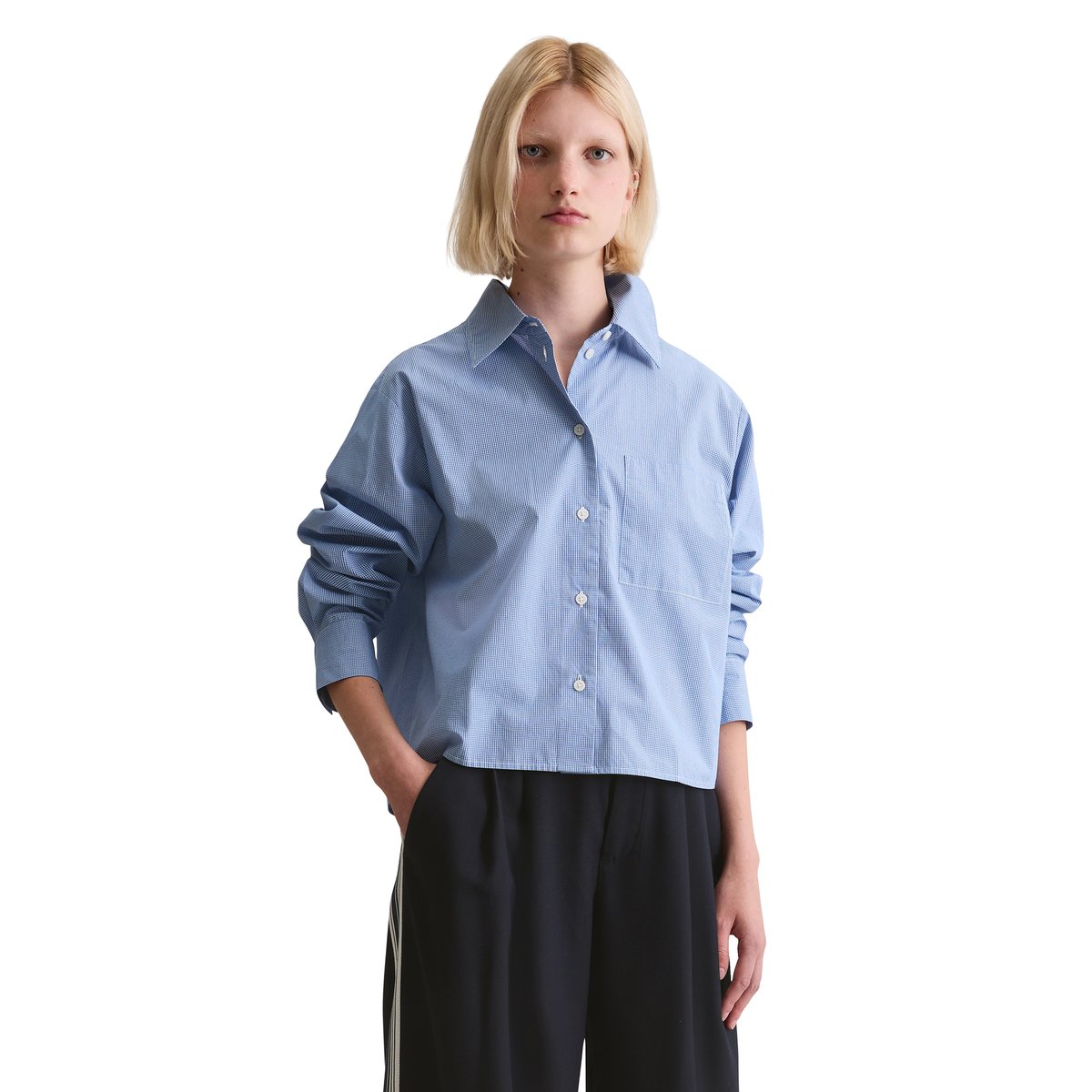Blouse à carreaux relaxed cropped en popeline Papertouch bleu fooncé, MARC O’POLO DENIM