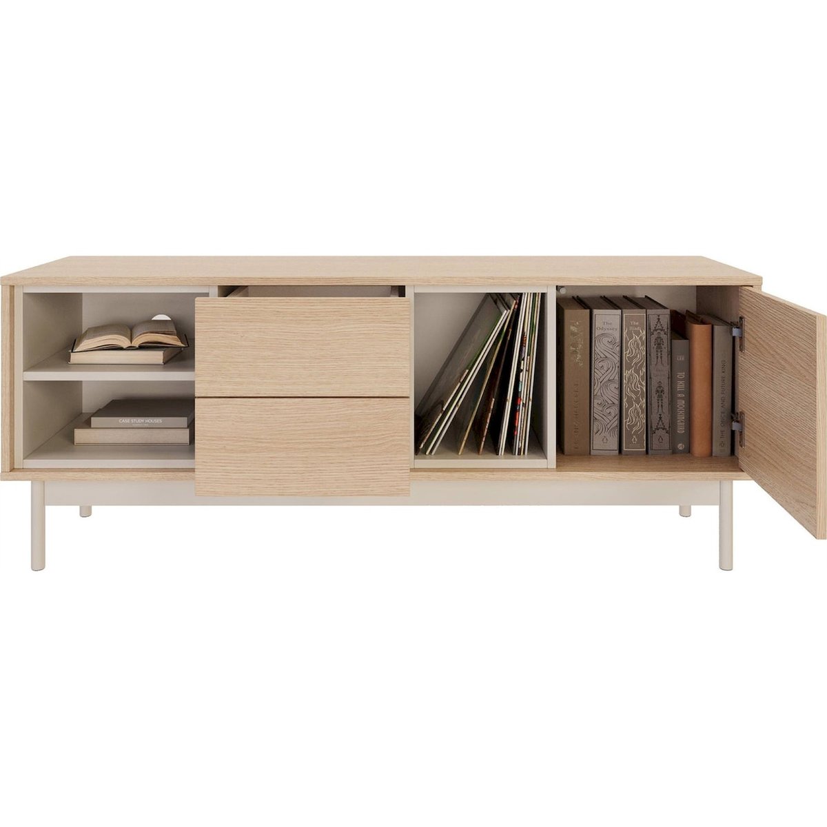 Meuble tv LAYEN 1 porte 2 tiroirs effet chêne lindberg et beige cachemire, RECOLLECTION