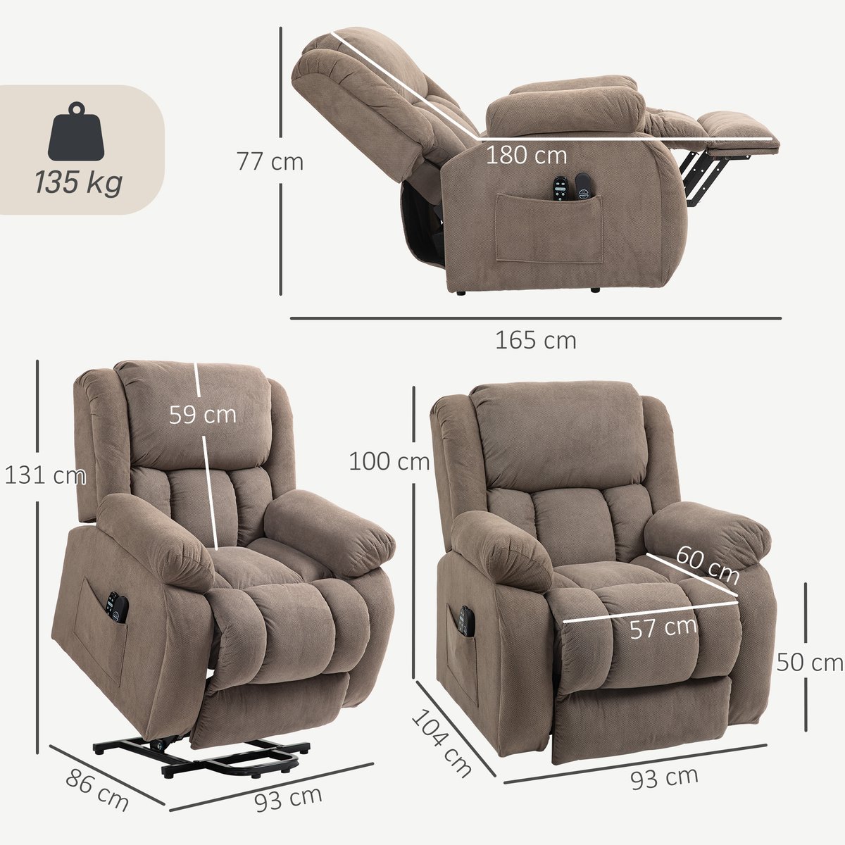 Fauteuil releveur multifonctionnel Velours marron clair, HOMCOM