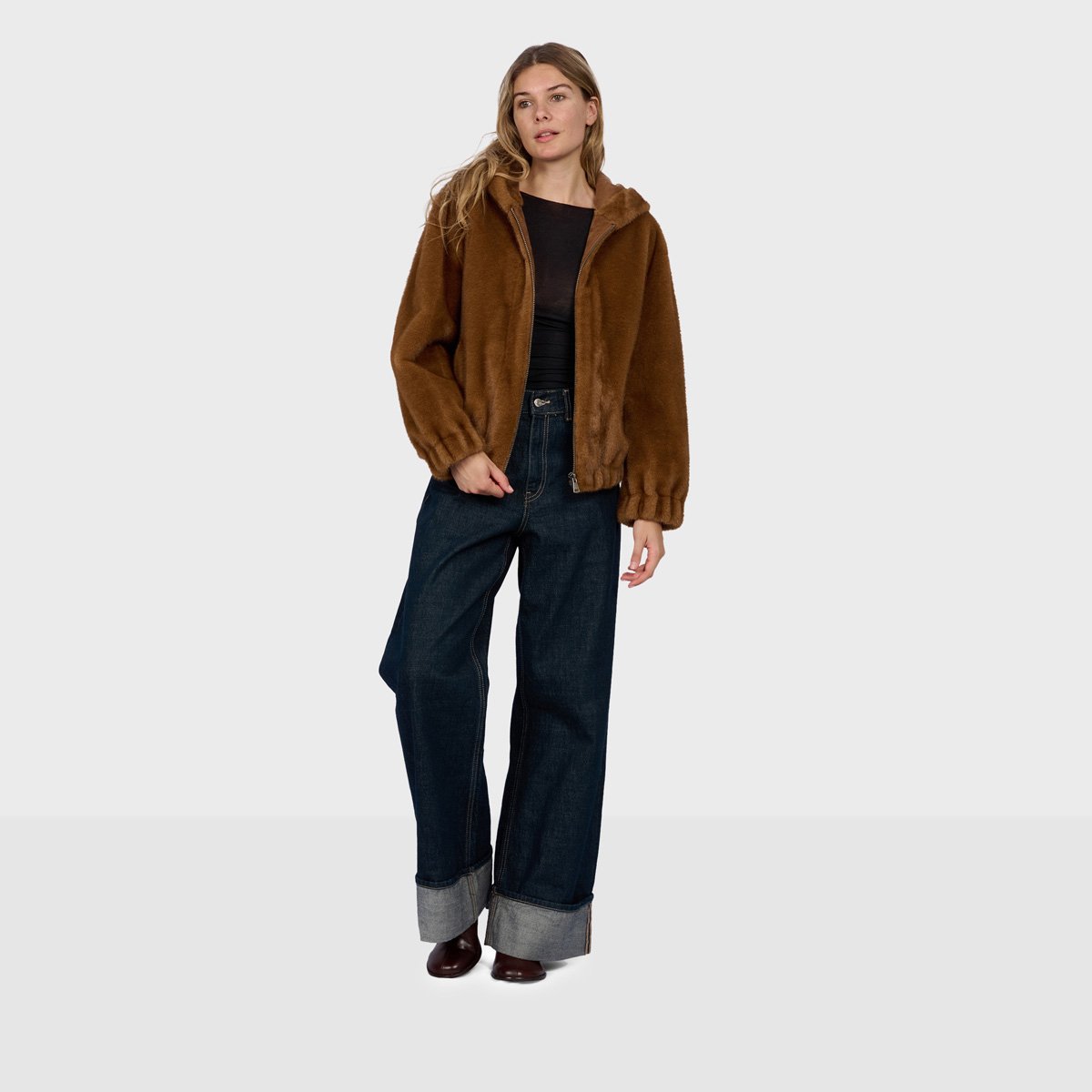 Blouson bomber zippé à capuche LISE fauve, OAKWOOD