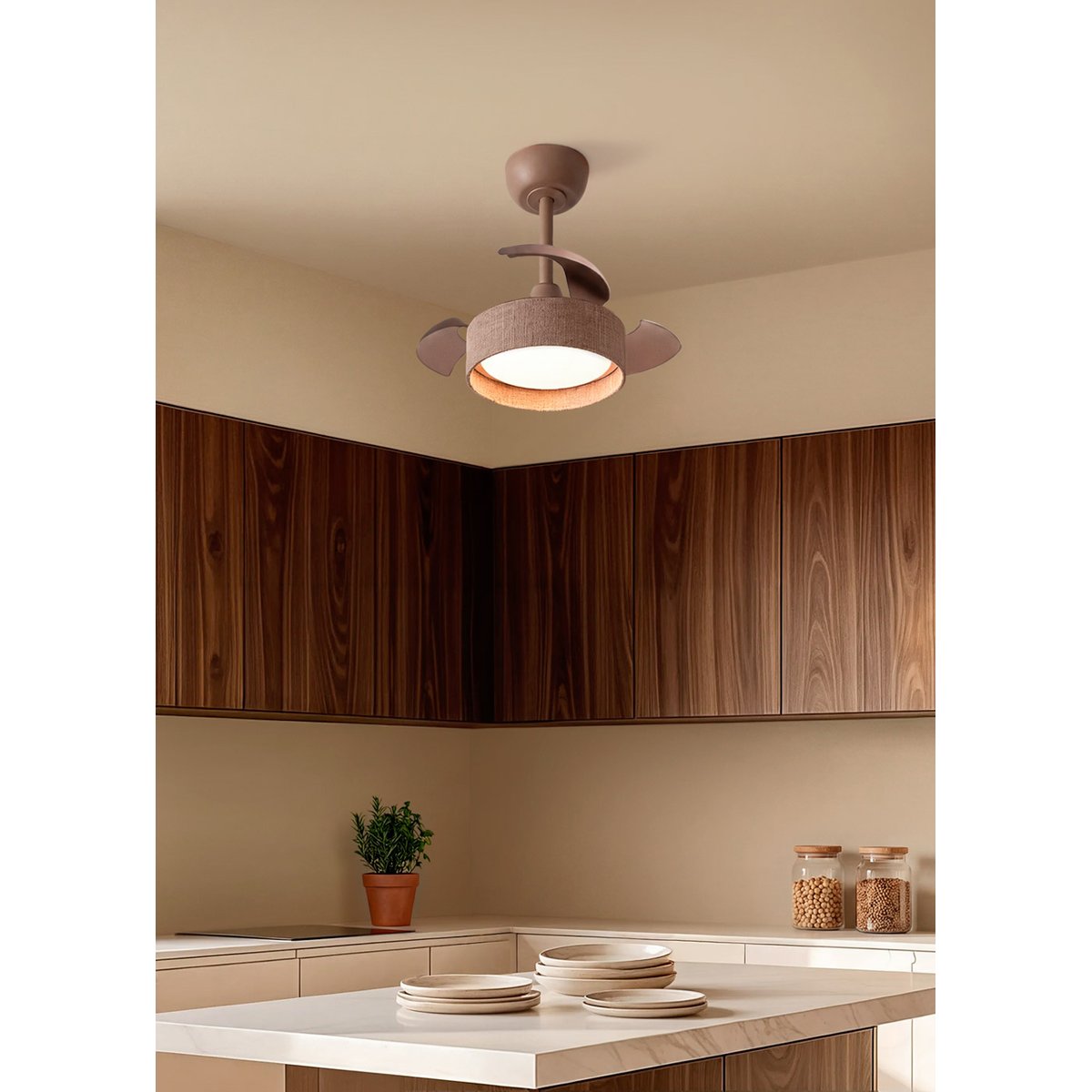 Ventilateur de plafond 40W silencieux Ø55cm avec pales rétractables et lumière LEDWIND CLEAR LAMP marron, CREATE