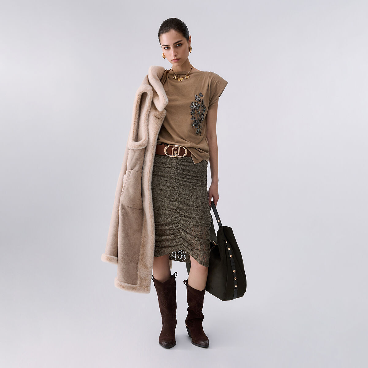 Top en jersey brodé beige, LIU JO