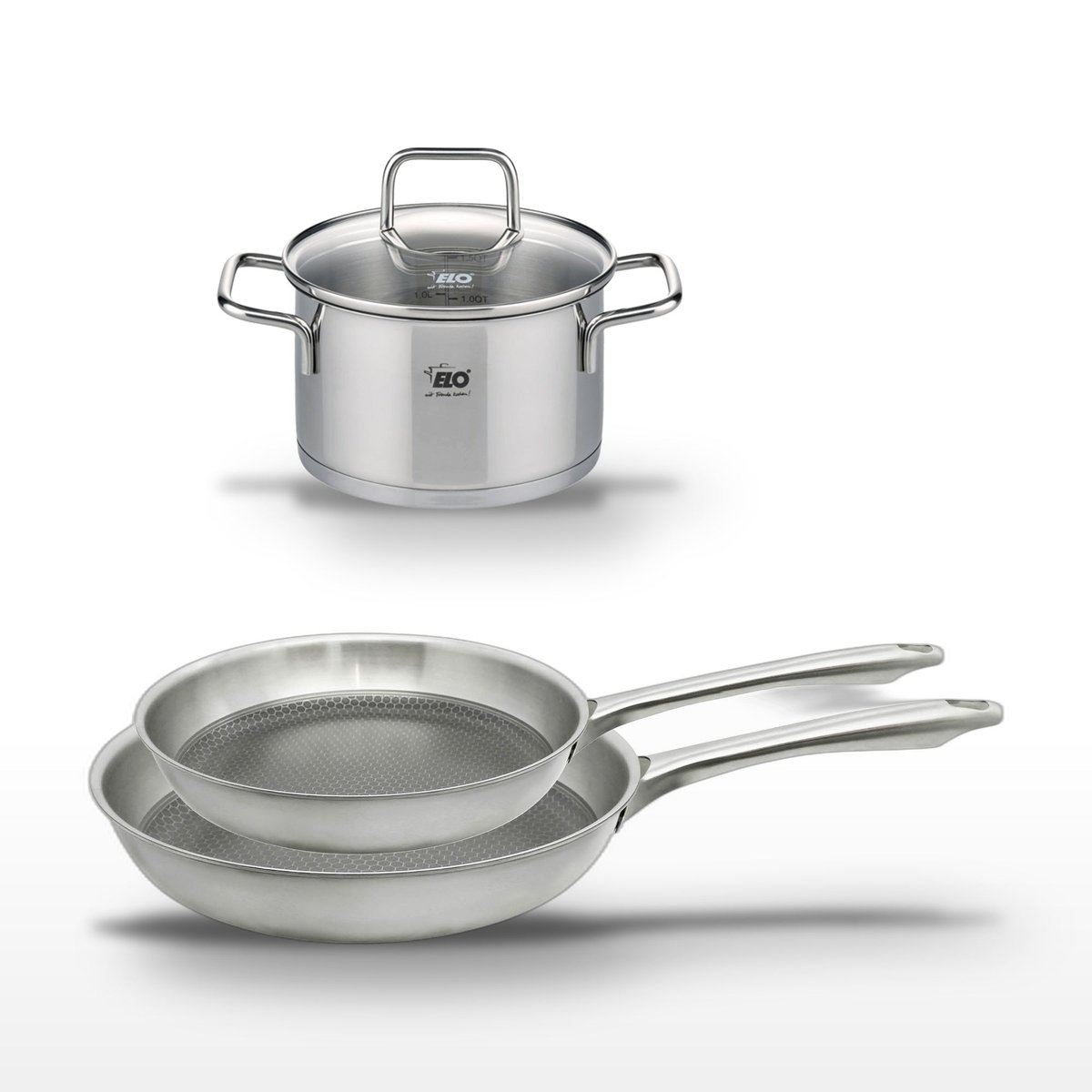 Batterie 2 poêles 24/28cm + 1 faitout 14cm RELIEF PASSION gris, ELO