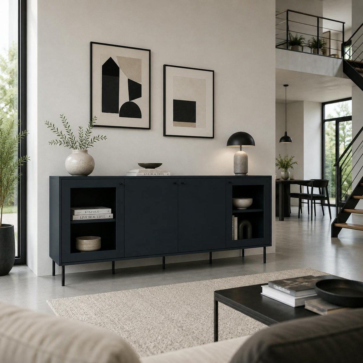 Buffet bas vitrine bleu sombre 4 portes RAVEN bleu, PIER IMPORT