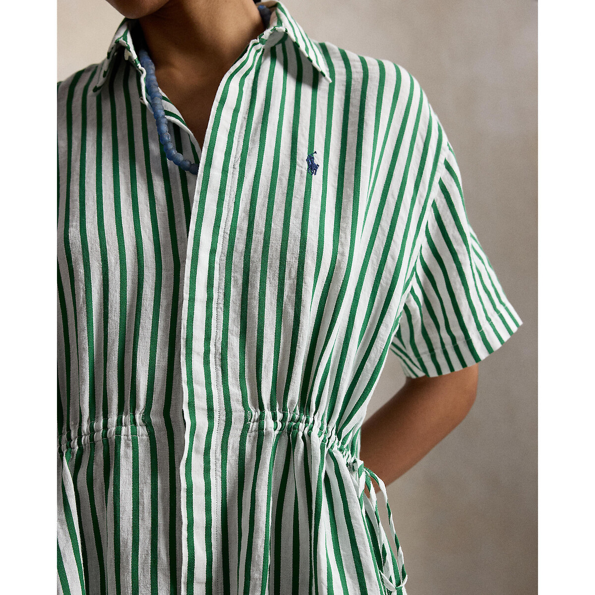 Robe chemise rayée manches courtes midi en lin et coton rayé vert/blanc, POLO RALPH LAUREN