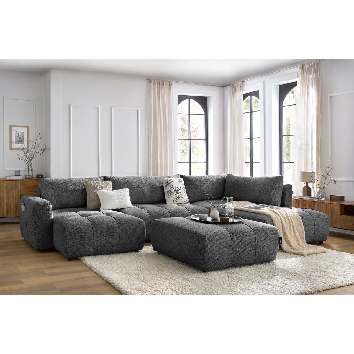 Canapé panoramique convertible 6 places en tissu chiné avec pouf, ARSENE gris foncé, BOBOCHIC