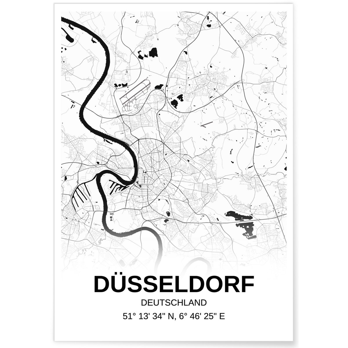 Affiche carte Düsseldorf - rectangle Noir et Blanc blanc, L'AFFICHERIE