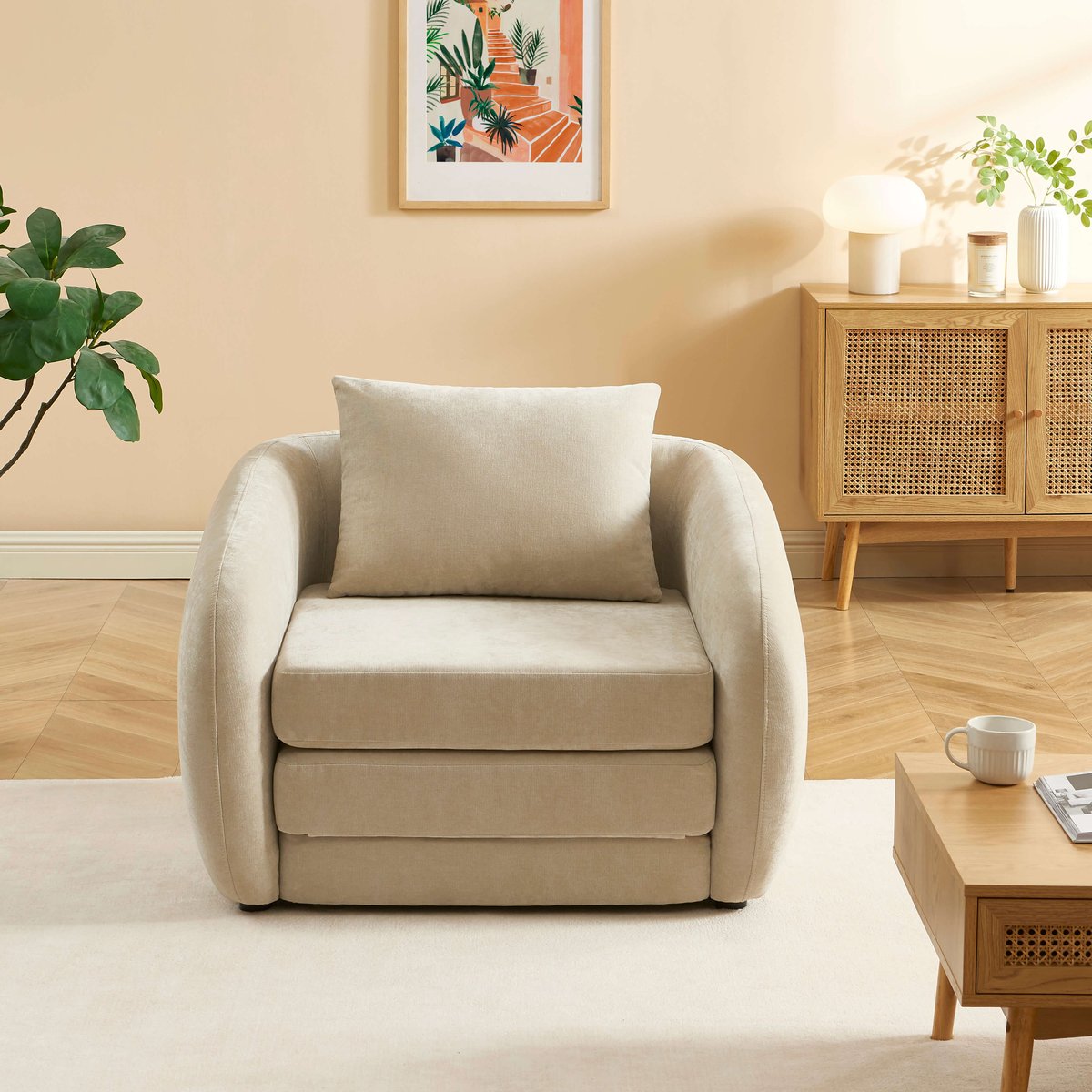 Fauteuil déplimousse tissu chenille PAZ beige, BAÏTA