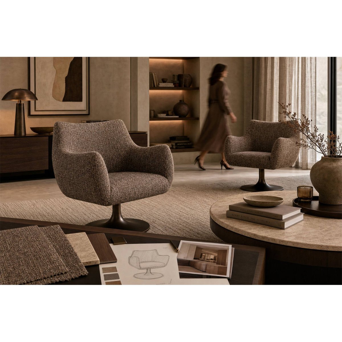 Chaise de salle à manger pivotante tweed tweed brun et bronze, RECOLLECTION