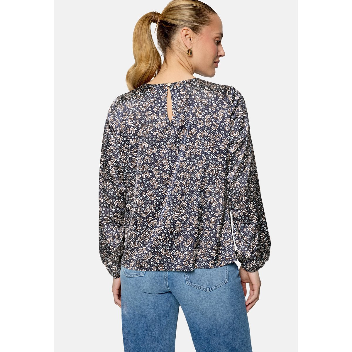 Satinbluse langarm mit blumen dark bluecream, ZERO