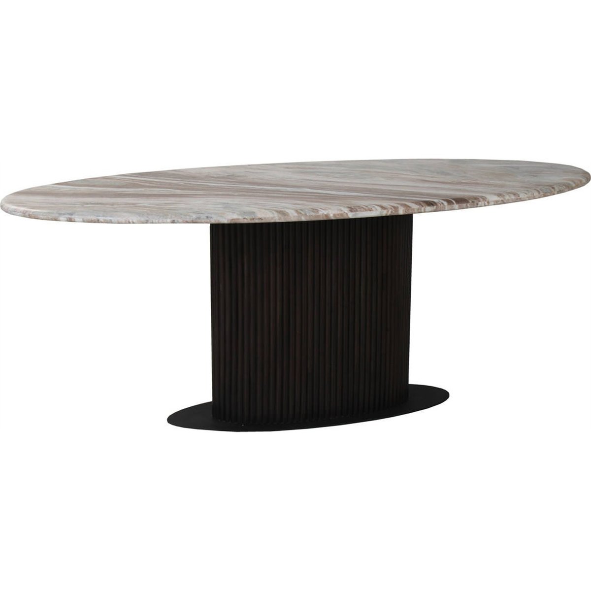 Table à manger ovale en marbre piètement cannelé beige blush et bois foncé, RECOLLECTION