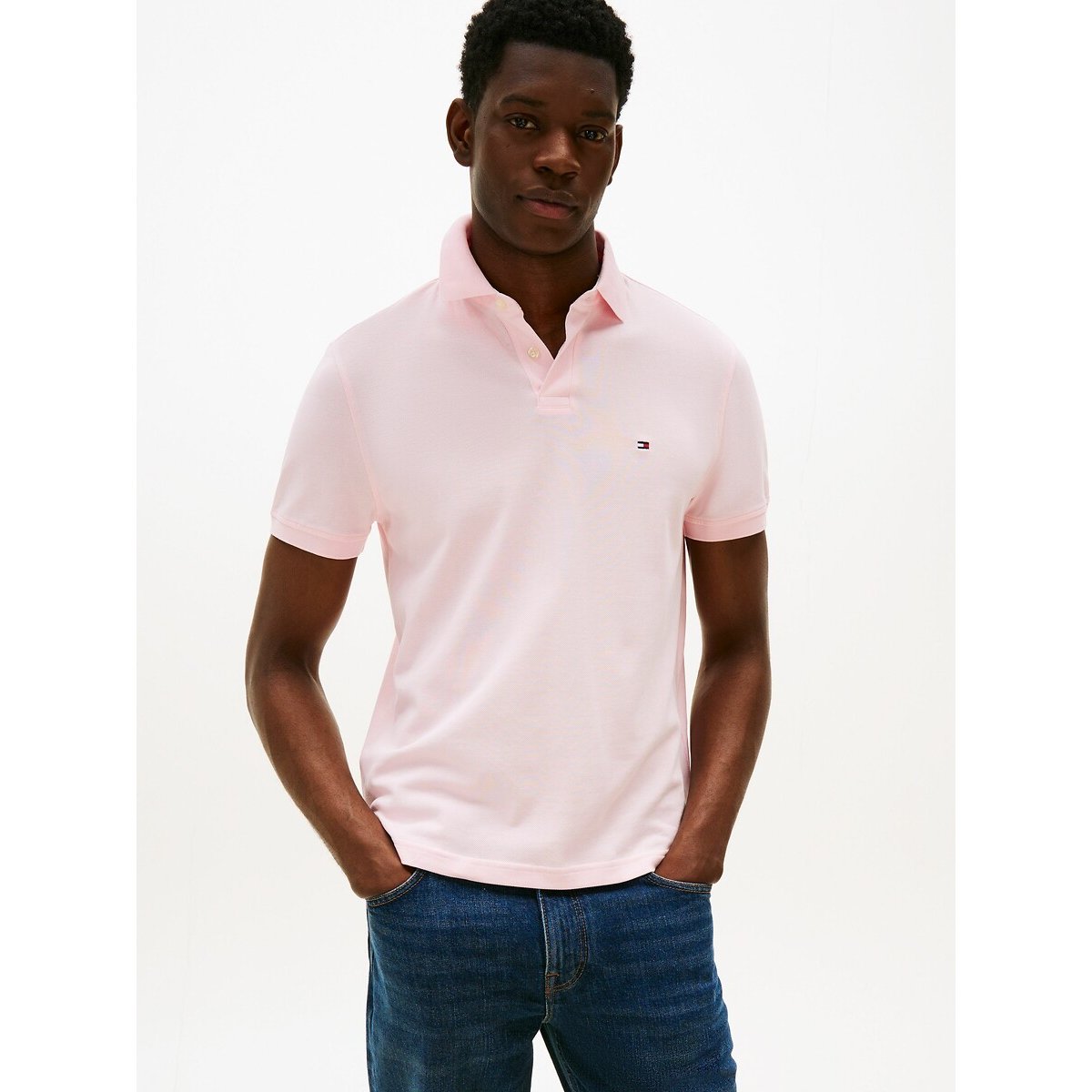 Polo droit stretch col 2 boutons rose pale, TOMMY HILFIGER