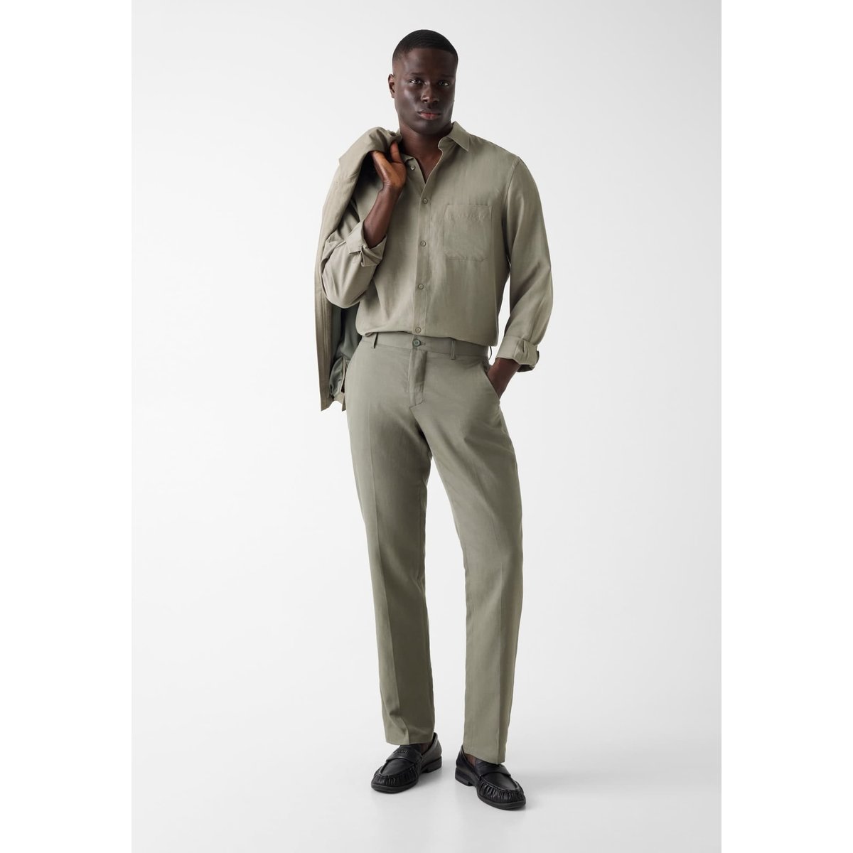 Pantalons Slim En Mélange De Lin vert olive, GUESS